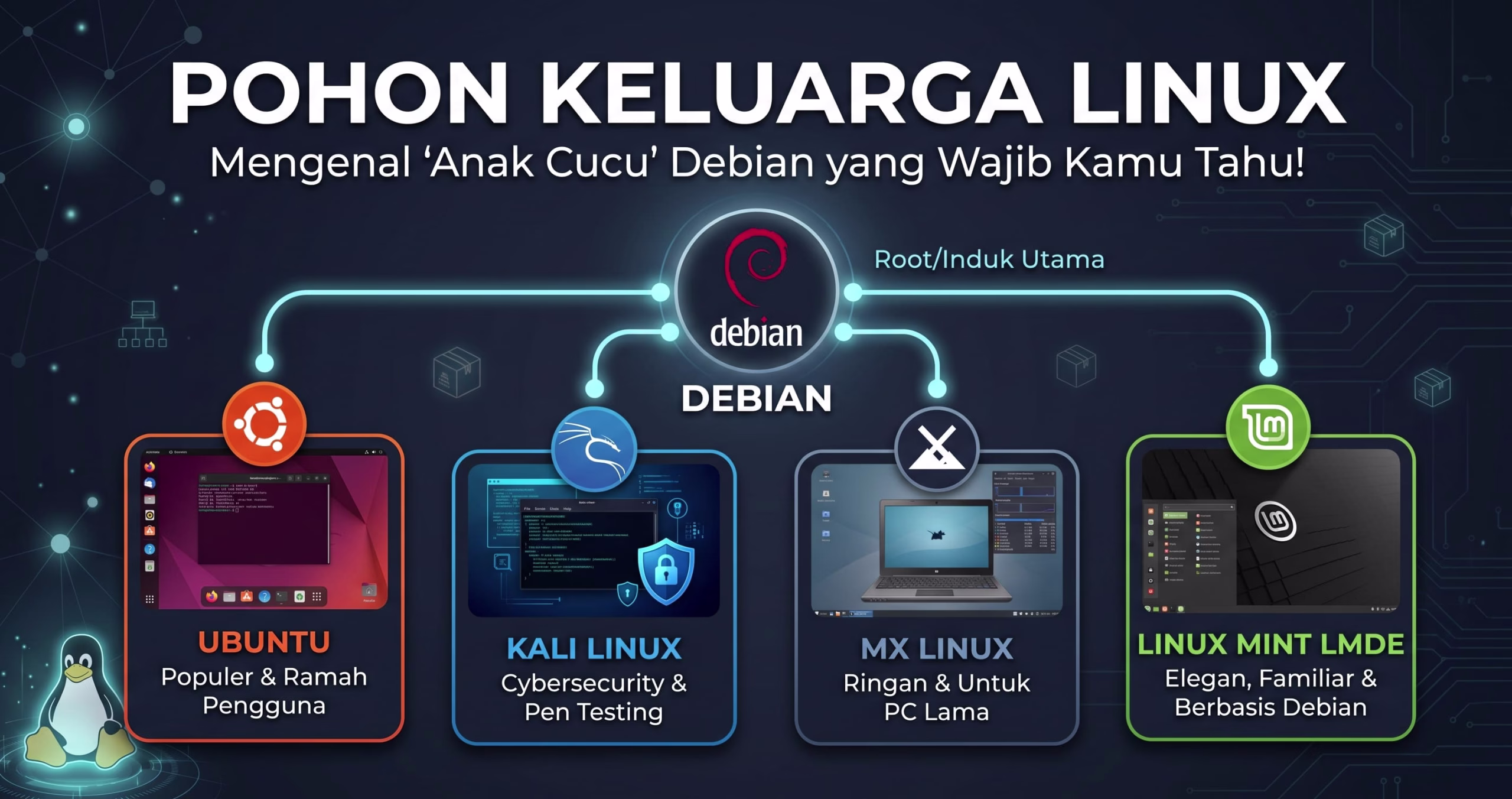 Ilustrasi pohon keluarga distro Linux turunan Debian